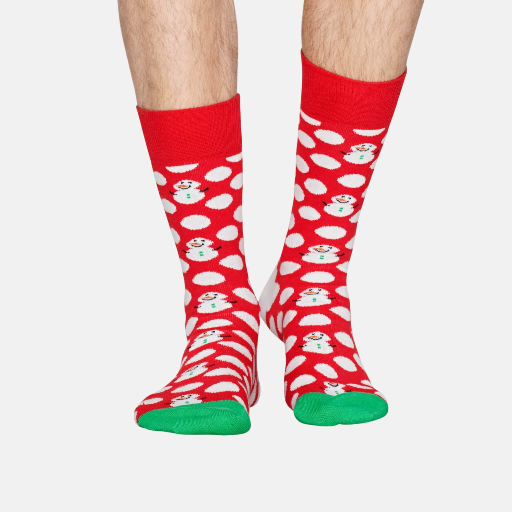 Červené ponožky Happy Socks s bílými puntíky a sněhuláky, vzor Big Dot Snowman