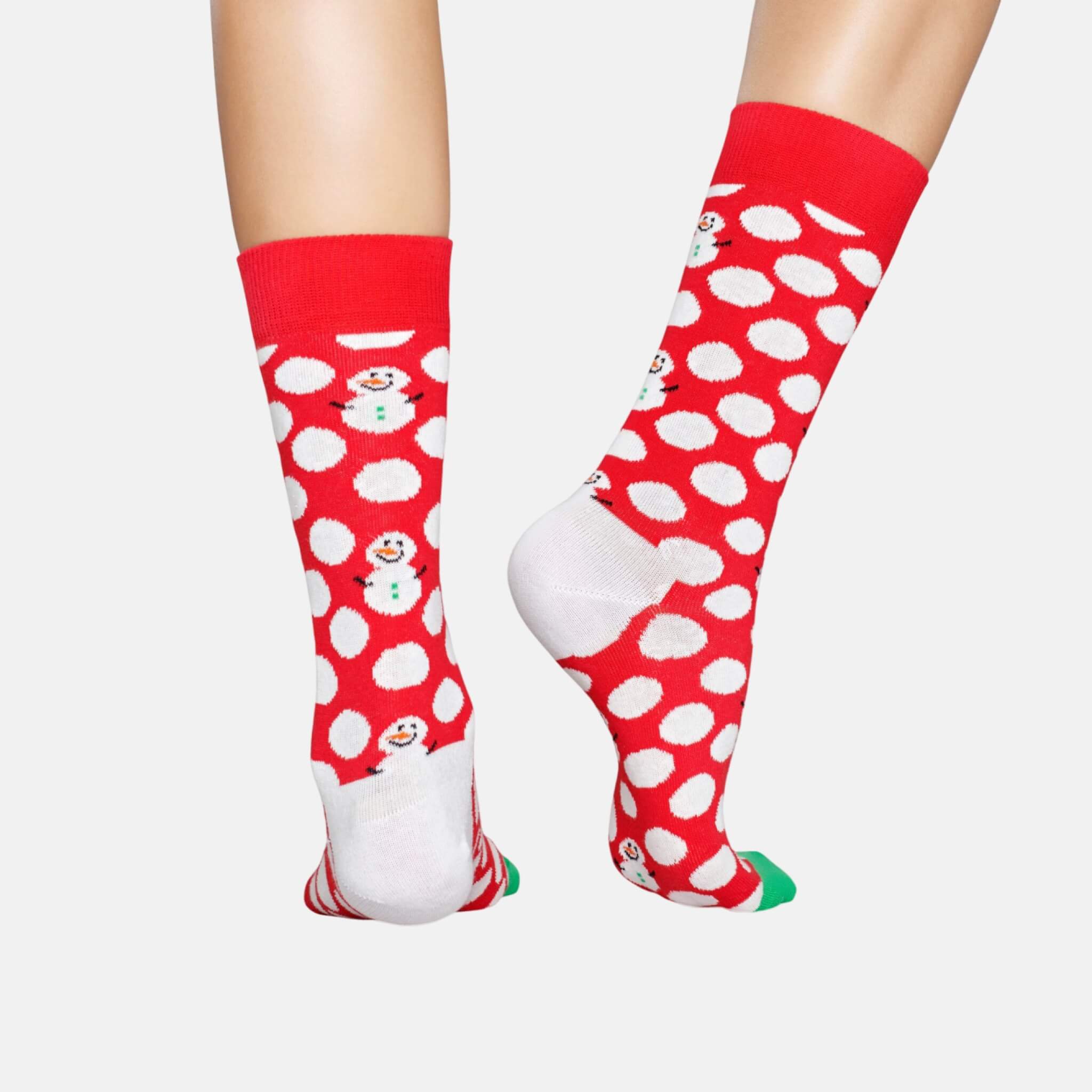 Červené ponožky Happy Socks s bílými puntíky a sněhuláky, vzor Big Dot Snowman