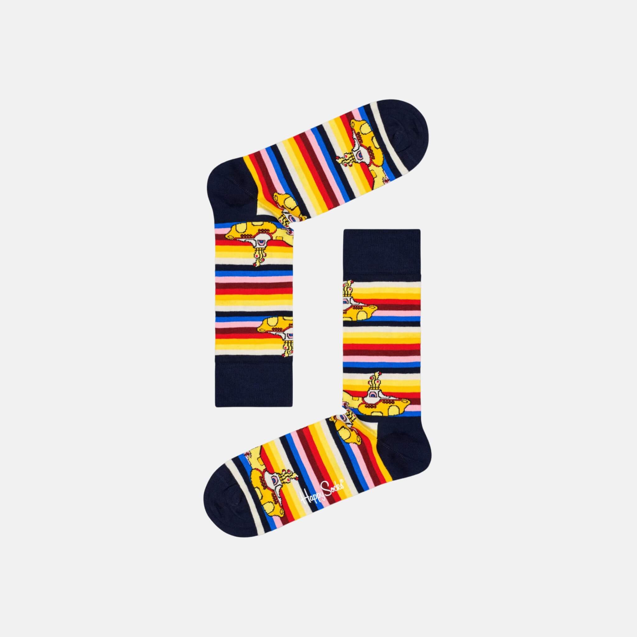 Žluto-černé pruhované ponožky s ponorkami z kolekce Happy Socks x Beatles, vzor All On Board