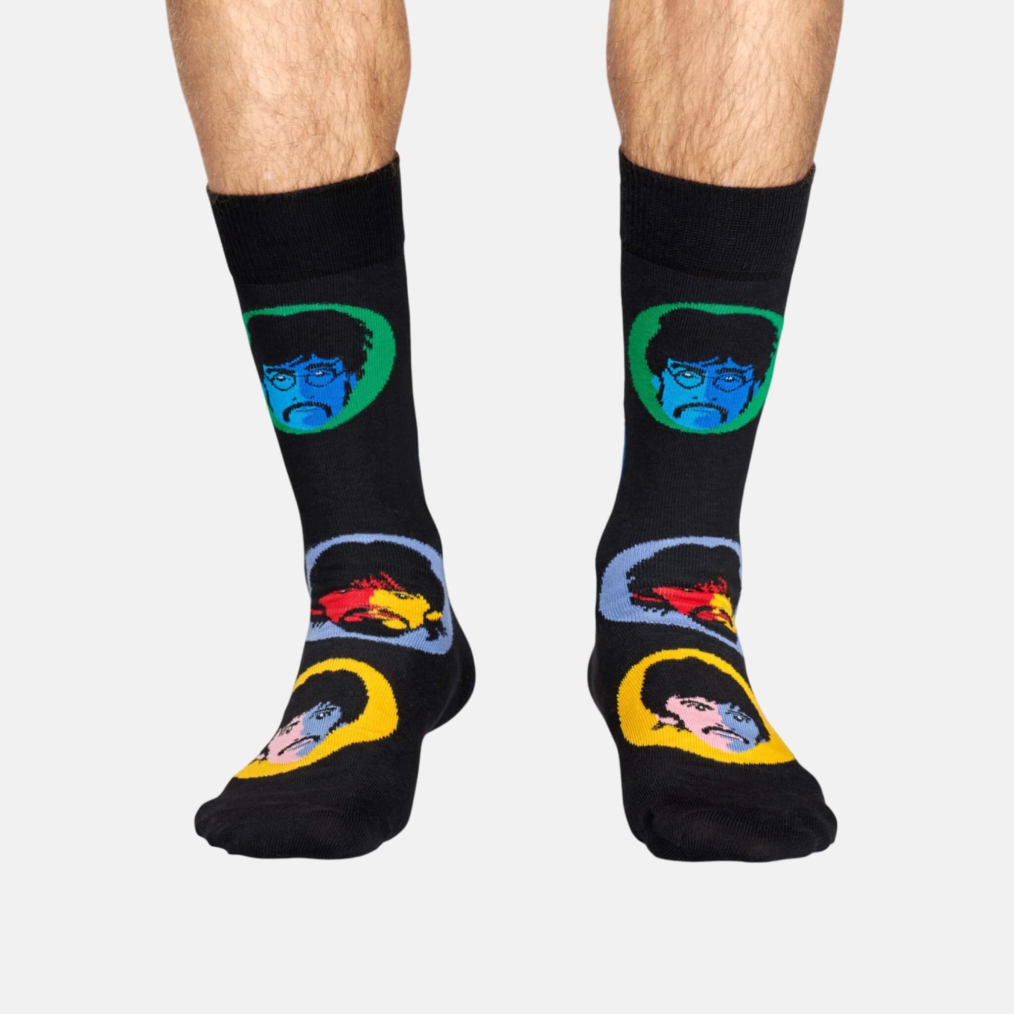 Černé ponožky s portréty členů skupiny z kolekce Happy Socks x Beatles, vzor Bright Spot