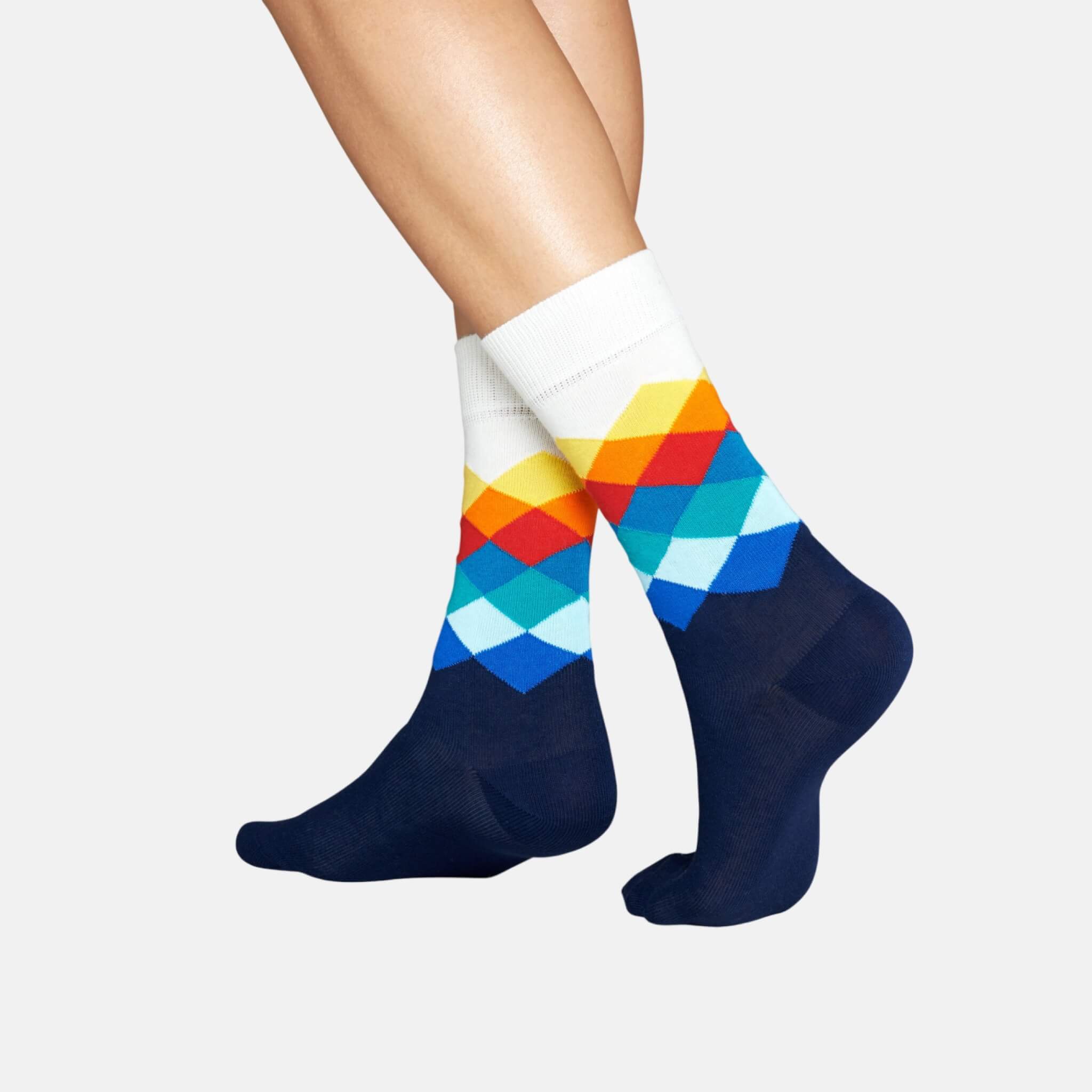 Modro-bílé ponožky Happy Socks s barevnými kosočtverci, vzor Faded Diamond